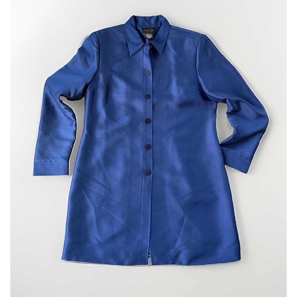 Sandra King Moda Seta Silk Long Jacket Blazer Womens Size 10 Blue